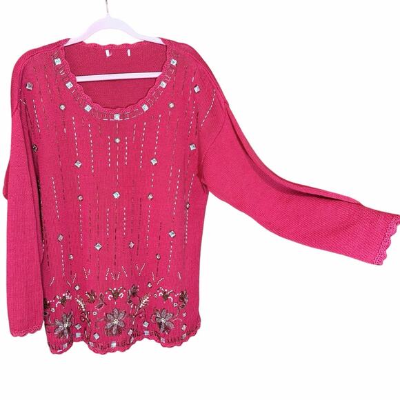 None Sweaters - Vintage Red Beaded 1980s Knit Sweater Cotton Ramie Blend bling bedazzled